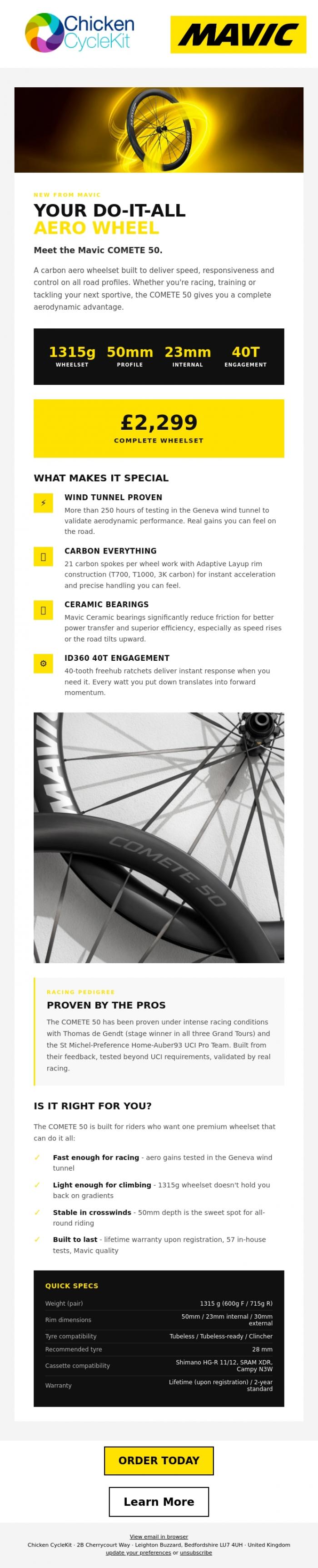 Email Design Inspiration from Chicken CycleKit, MAVIC launches it's fastest ever wheelset