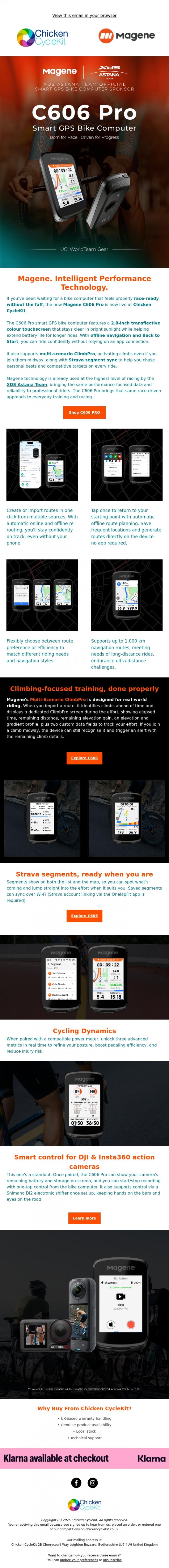 Email Design Inspiration from Chicken CycleKit, Back in stock Magene 606 Pro, Serious cycling tech, without the premium price.