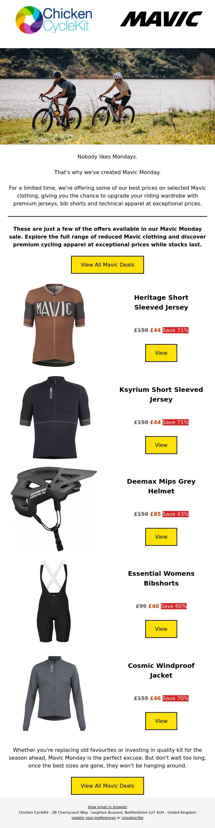 Email Design Inspiration from Chicken CycleKit, Mavic Monday: Wish It Was Sunday?