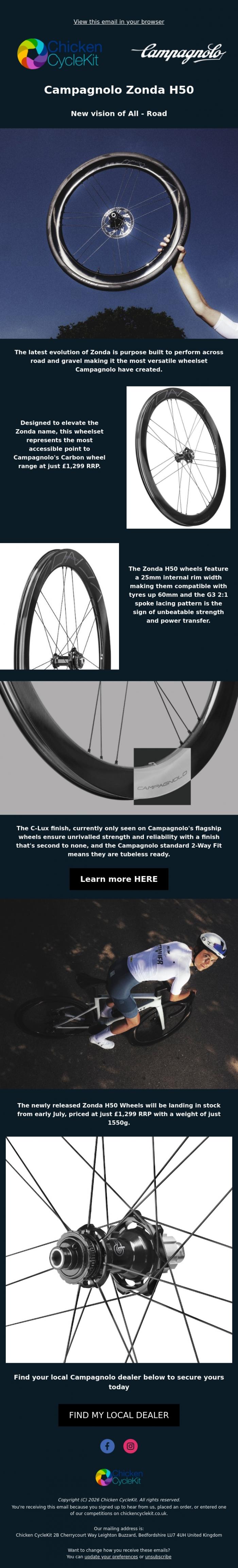 Email Design Inspiration from Chicken CycleKit, Introducing Campagnolo Zonda H50