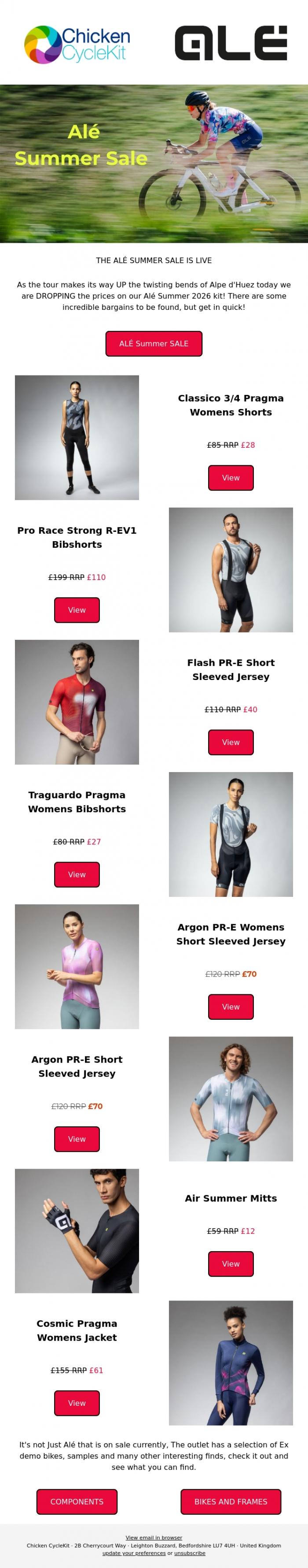 Email Design Inspiration from Chicken CycleKit, Big reductions on Al&eacute; Summer 2026