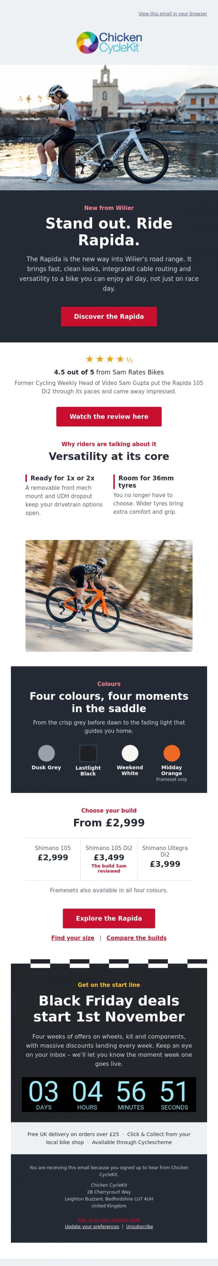 Email Design Inspiration from Chicken CycleKit, Stand out. Ride Rapida, New From Wilier!