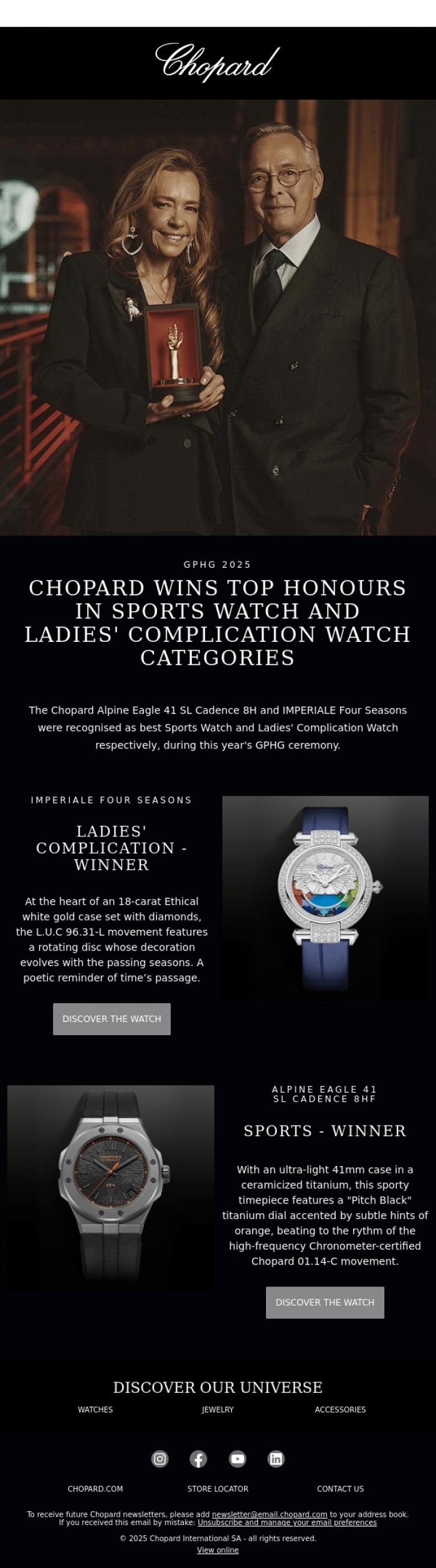 Email Design Inspiration from CHOPARD, GPHG 2025: Chopard wins top honours in Sports Watch and Ladies' Complication Watch categories