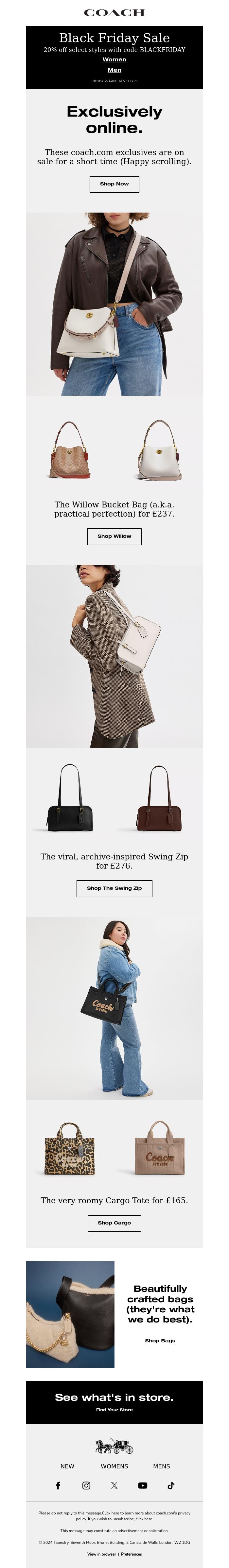 Email Design Inspiration from Coach UK, 20% off online-exclusive bags