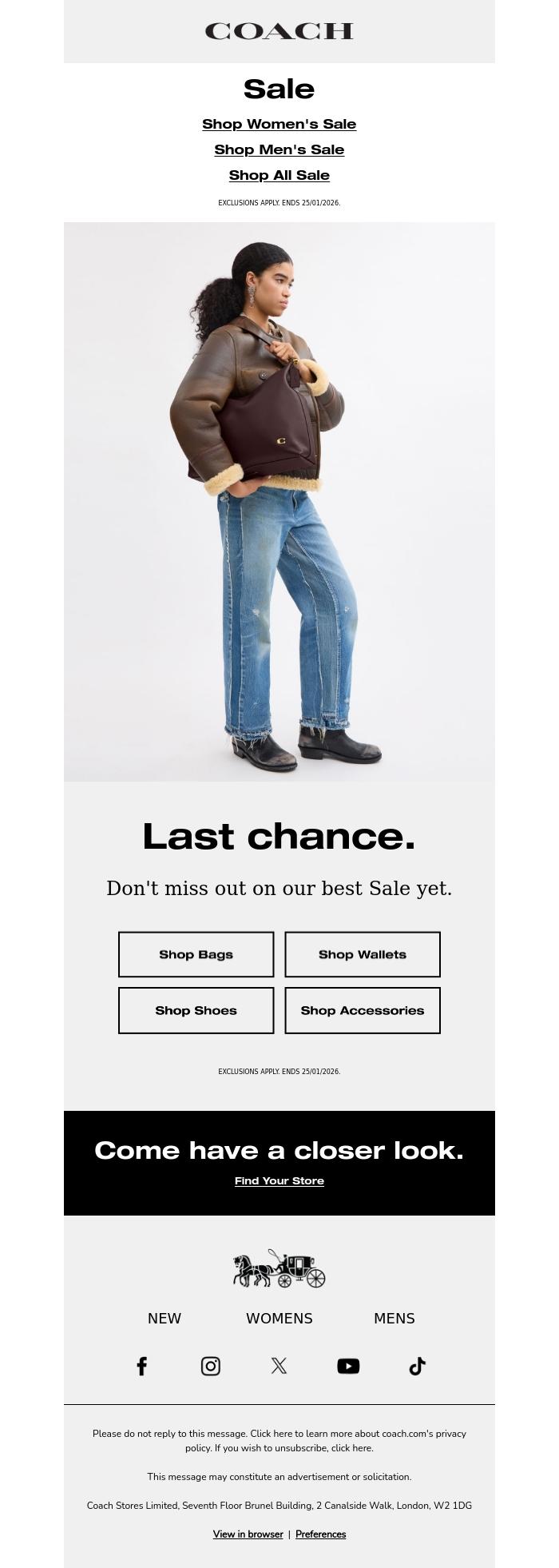 Email Design Inspiration from Coach UK, Sale ends soon