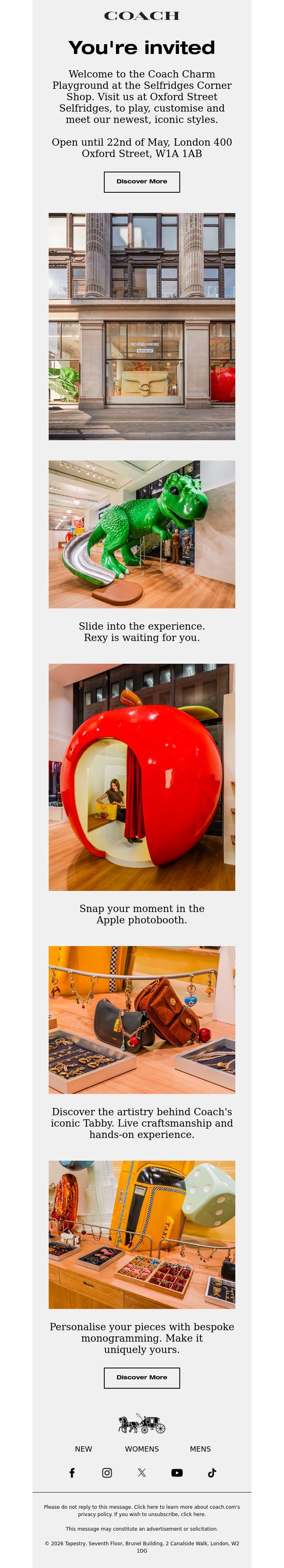 Email Design Inspiration from Coach UK, You're invited: The Coach Charm Playground at Selfridges
