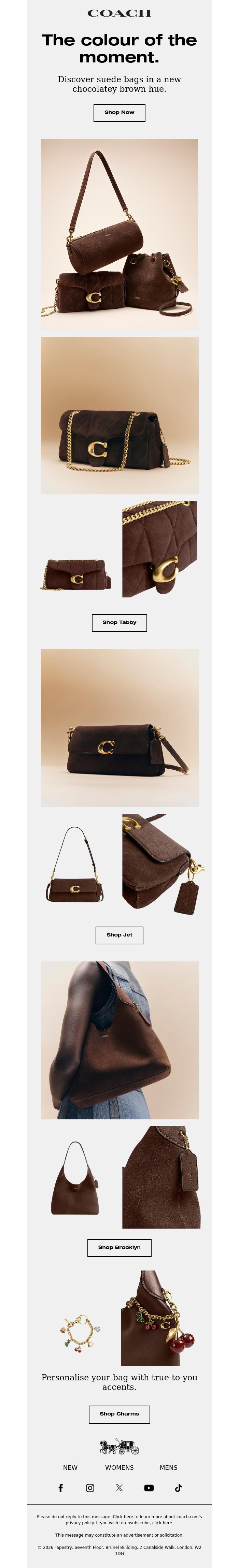 Email Design Inspiration from Coach UK, Now trending: chocolatey brown suede.