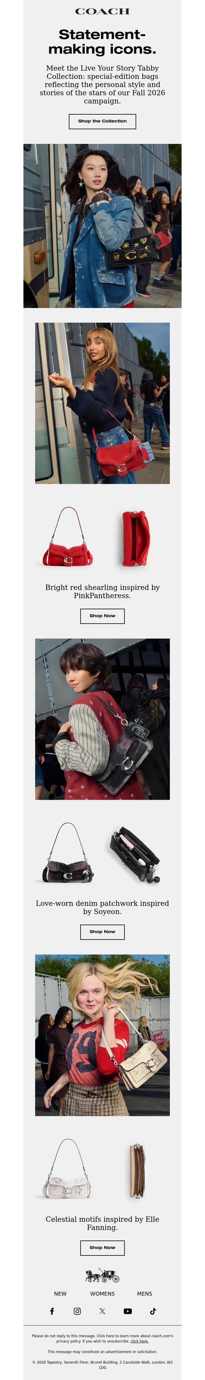 Email Design Inspiration from Coach UK, Introducing the Live Your Story Tabby Collection.