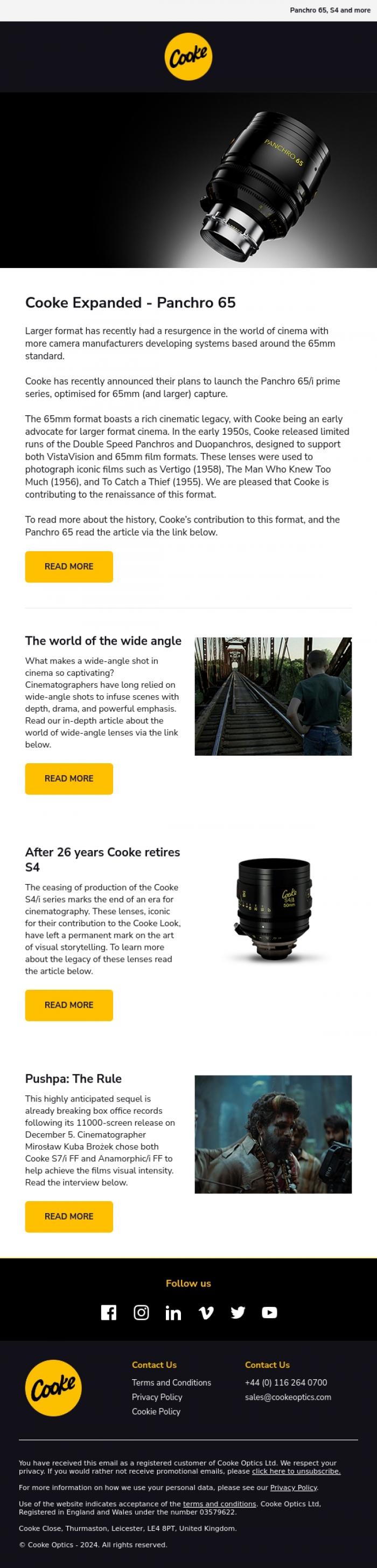 Email Design Inspiration from Cooke Optics, Cooke newsletter - Panchro 65, S4/i and more
