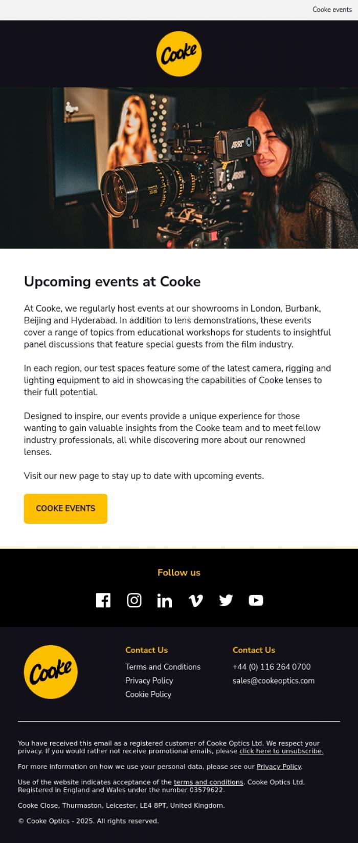 Email Design Inspiration from Cooke Optics, Cooke events