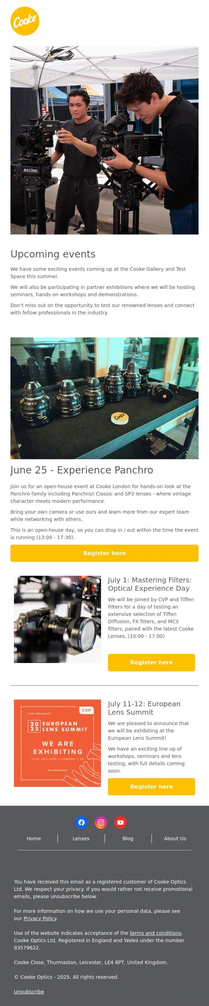 Email Design Inspiration from Cooke Optics, Upcoming events