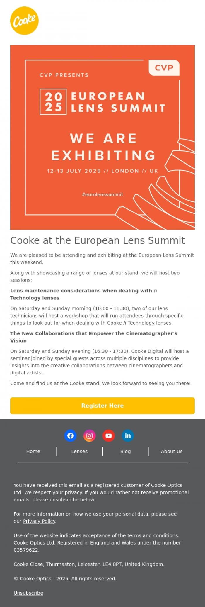 Email Design Inspiration from Cooke Optics, Cooke is exhibiting at the European Lens Summit