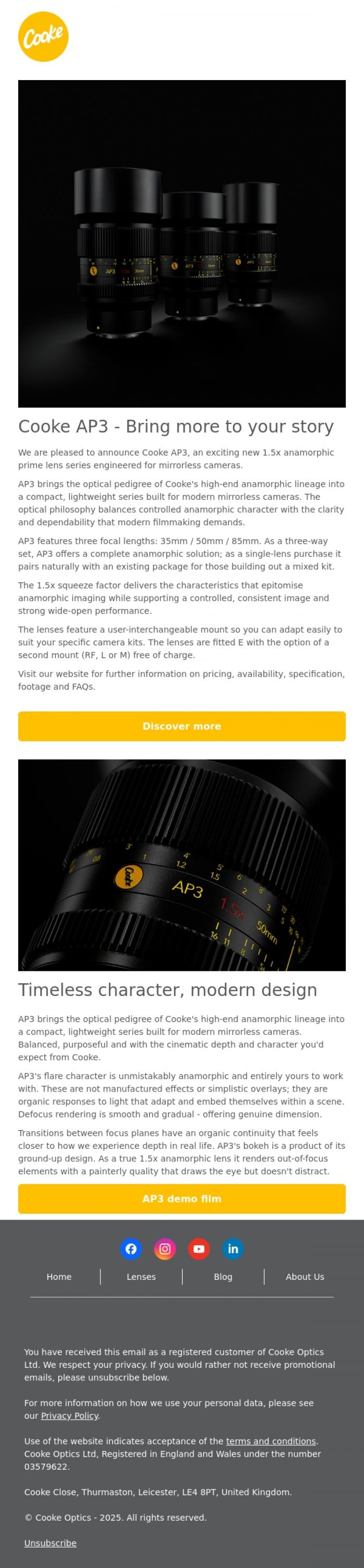 Email Design Inspiration from Cooke Optics, Introducing Cooke AP3