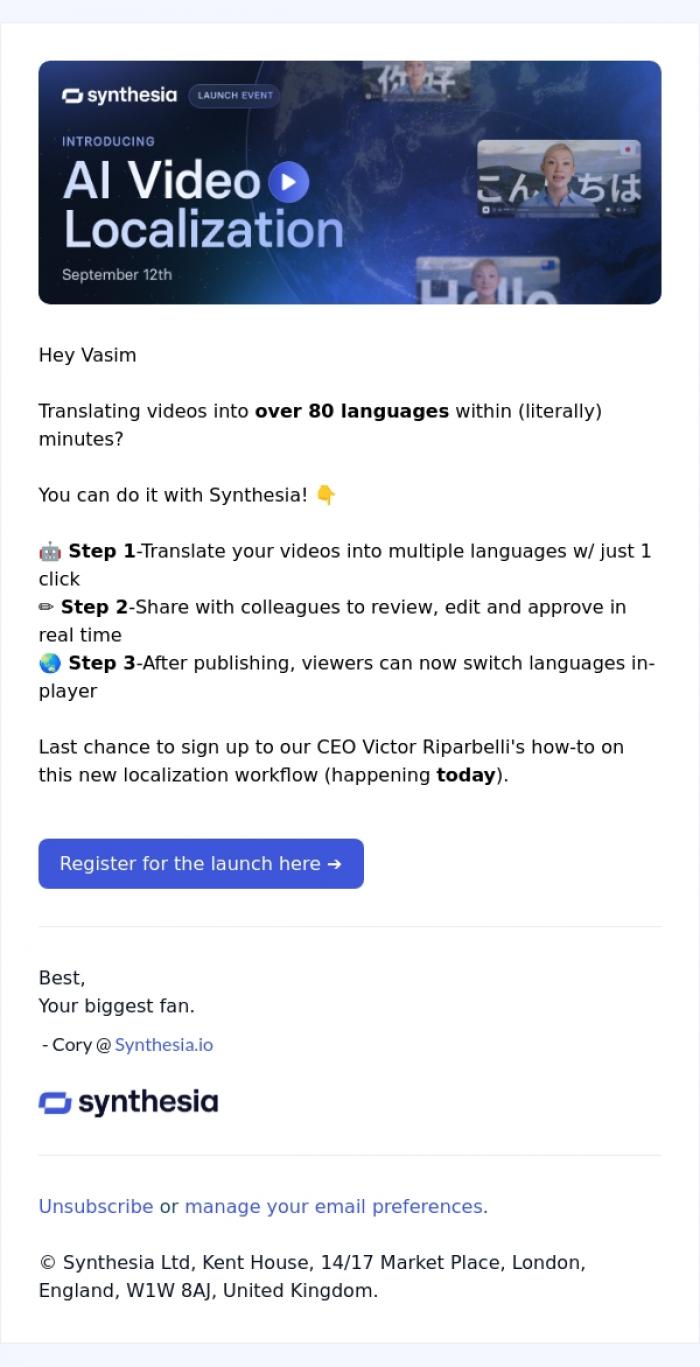 Email Design Inspiration from Cory from Synthesia, [Today] Video Localization Made Easy 🌍