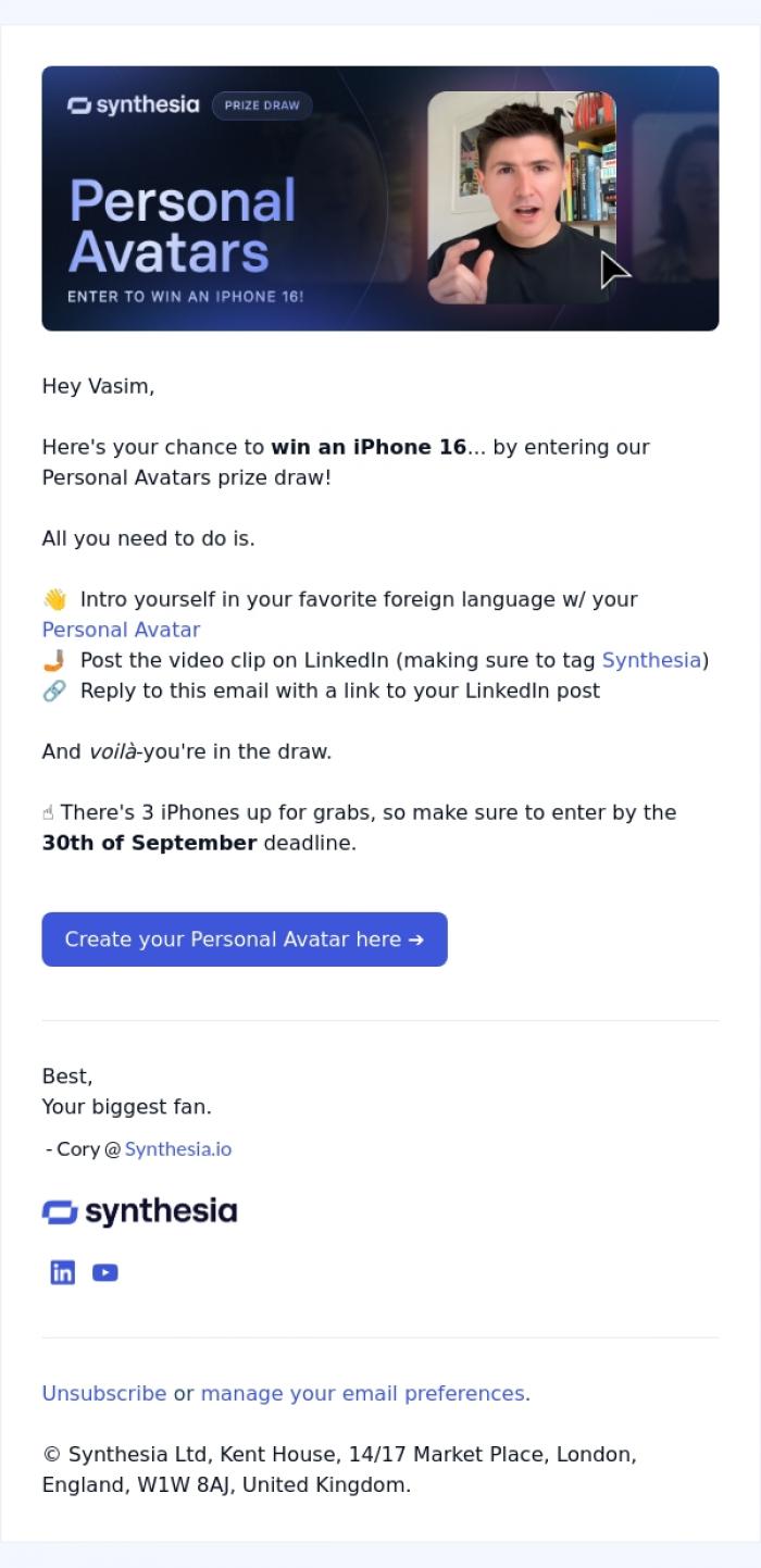 Email Design Inspiration from Cory from Synthesia, 🎁 [Prize Draw] Win an iPhone 16