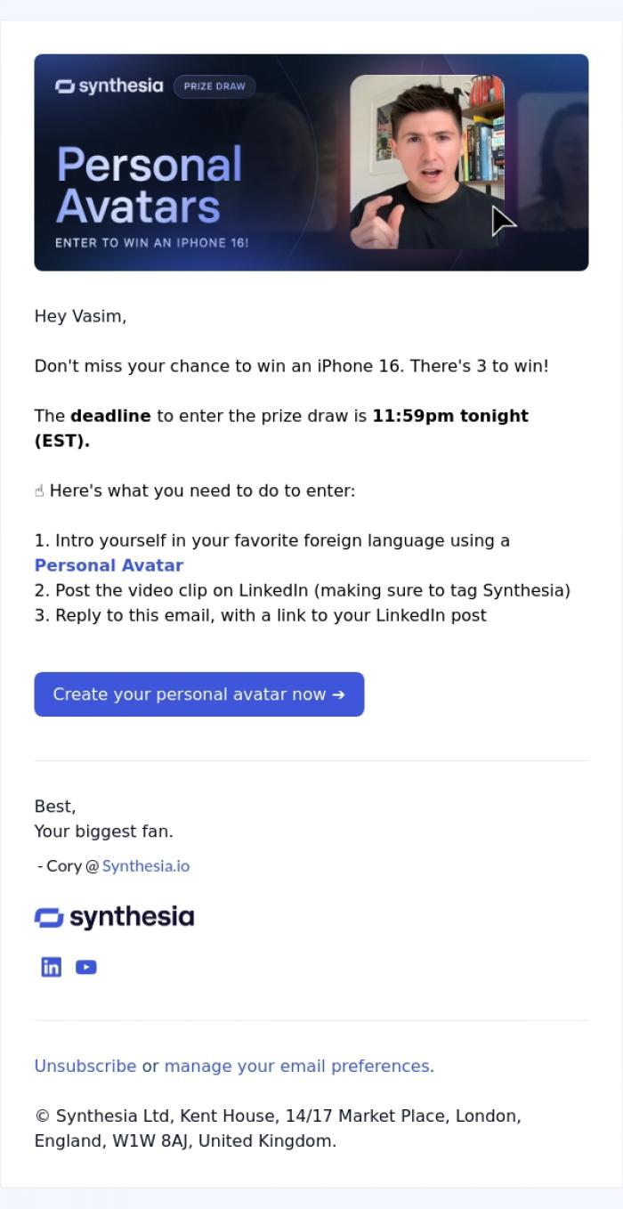 Email Design Inspiration from Cory from Synthesia, ☝️ [Deadline: 11:59pm] iPhone 16 Prize Draw