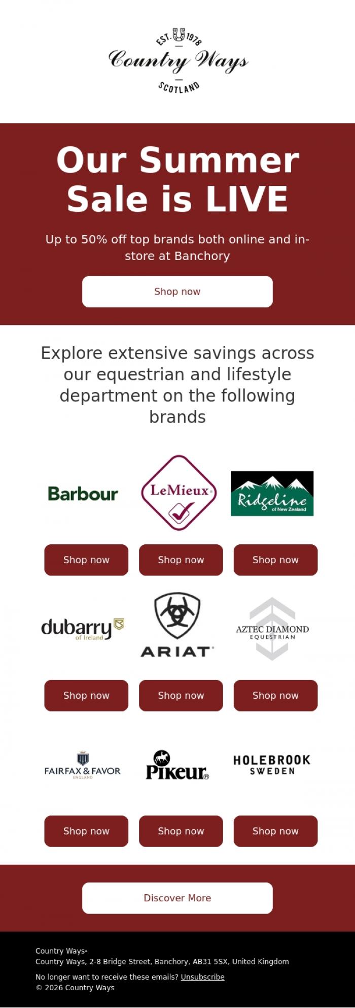 Email Design Inspiration from Country Ways, SUMMER SALE IS LIVE - UP TO 50% OFF TOP BRANDS