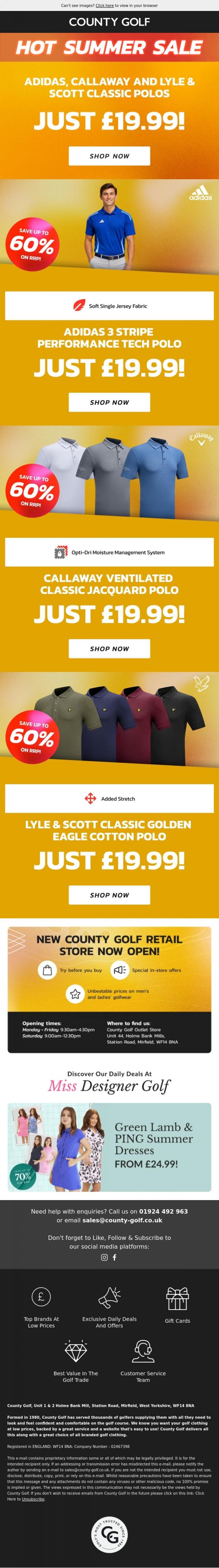 Email Design Inspiration from County Golf, ADIDAS, Callaway and Lyle & Scott Classic Polos Just &pound;19.99! Save Up To 60% On RRP!