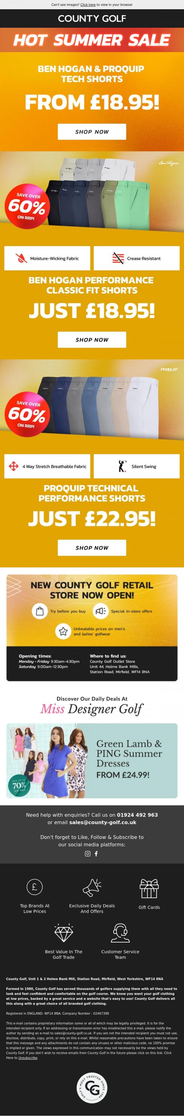 Email Design Inspiration from County Golf, Ben Hogan & ProQuip Tech Shorts From &pound;18.95! Hot Summer Sale Now On!