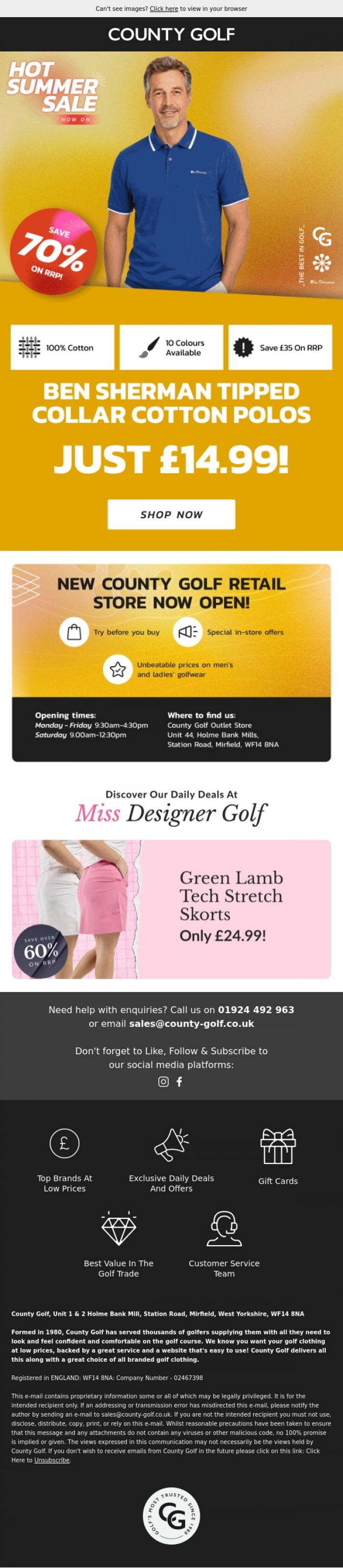 Email Design Inspiration from County Golf, Ben Sherman Tipped Collar Cotton Polos Just &pound;14.99! Hot Summer Sale Now On!