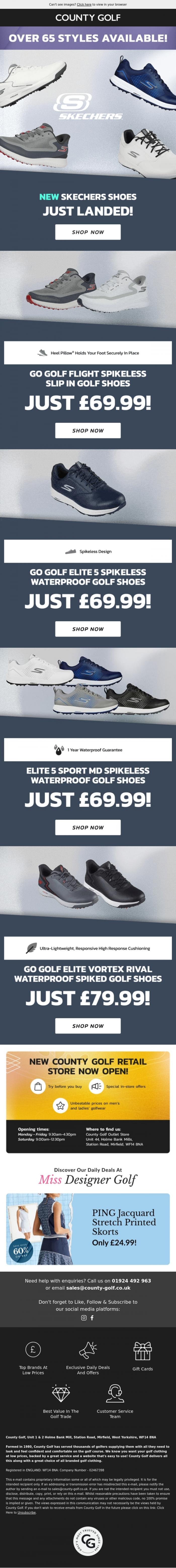 Email Design Inspiration from County Golf, New Skechers Shoes Just Landed! Now Over 65 Styles Available!