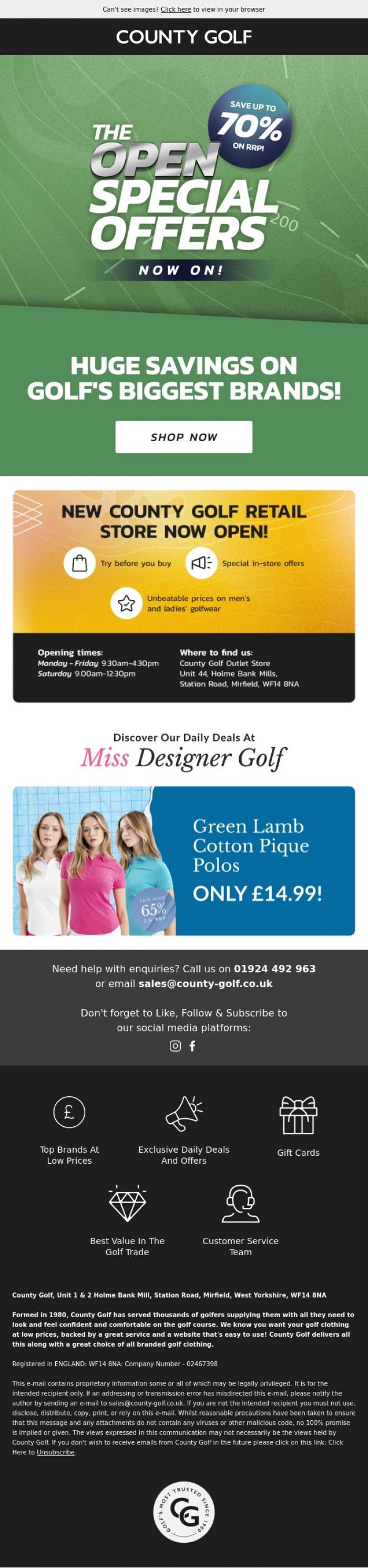 Email Design Inspiration from County Golf, The Open Special Offers Now On! Huge Savings On Golf's Biggest Brands!