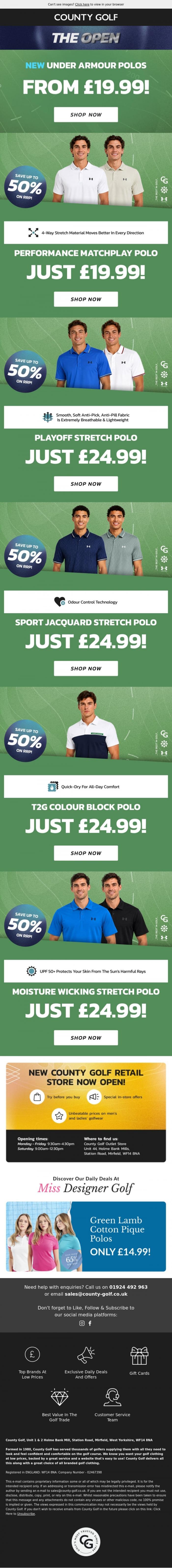 Email Design Inspiration from County Golf, New Under Armour Polos From &pound;19.99! The Open Special Offers Now On!