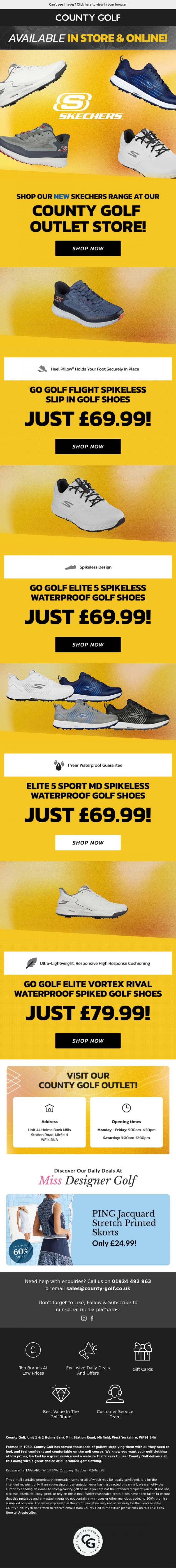 Email Design Inspiration from County Golf, Shop Our New Skechers Range At Our County Golf Outlet Store! Over 65 Styles Available!