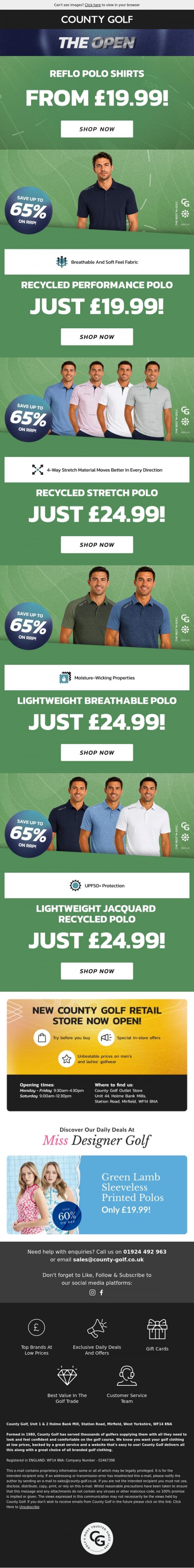 Email Design Inspiration from County Golf, Reflo Polo Shirts From &pound;19.99! The Open Special Offers Now On!