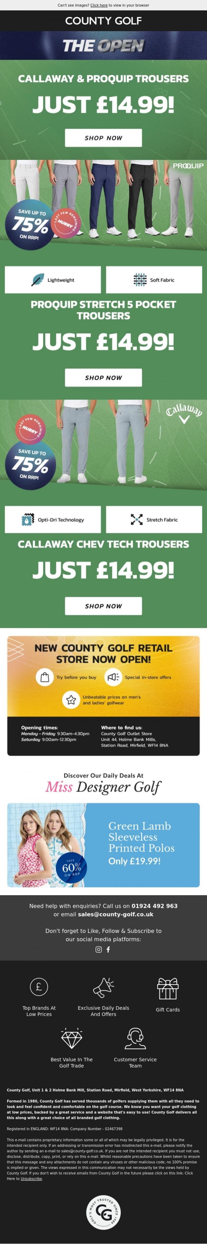 Email Design Inspiration from County Golf, Callaway & ProQuip Trousers Just &pound;14.99! Hurry, Last Few Remaining!