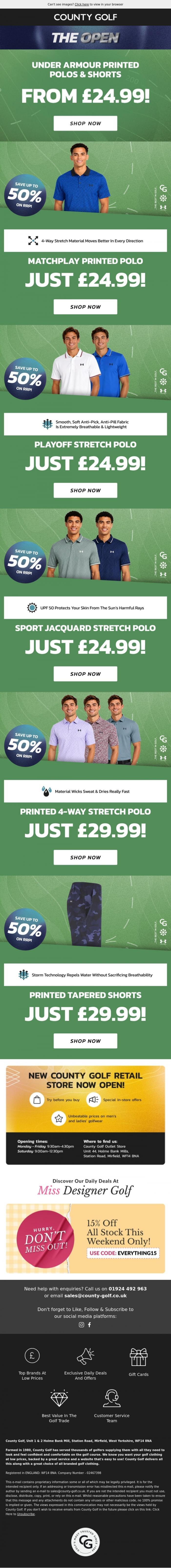 Email Design Inspiration from County Golf, Under Armour Printed Polos & Shorts From &pound;24.99! The Open Special Offers Now On!