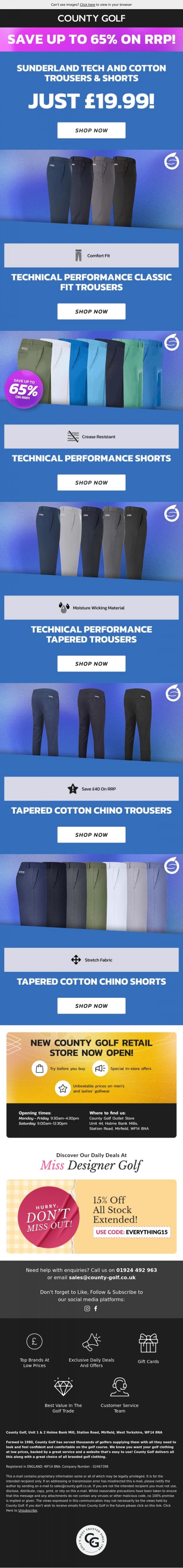 Email Design Inspiration from County Golf, Sunderland Tech and Cotton Trousers & Shorts Just &pound;19.99!