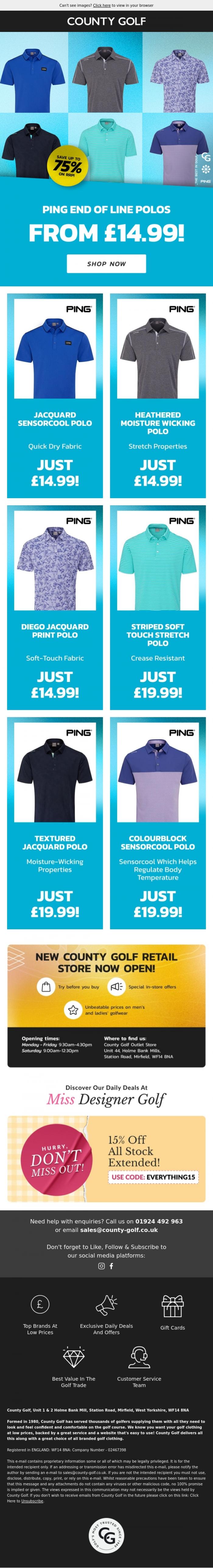 Email Design Inspiration from County Golf, PING End Of Line Polos From &pound;14.99!