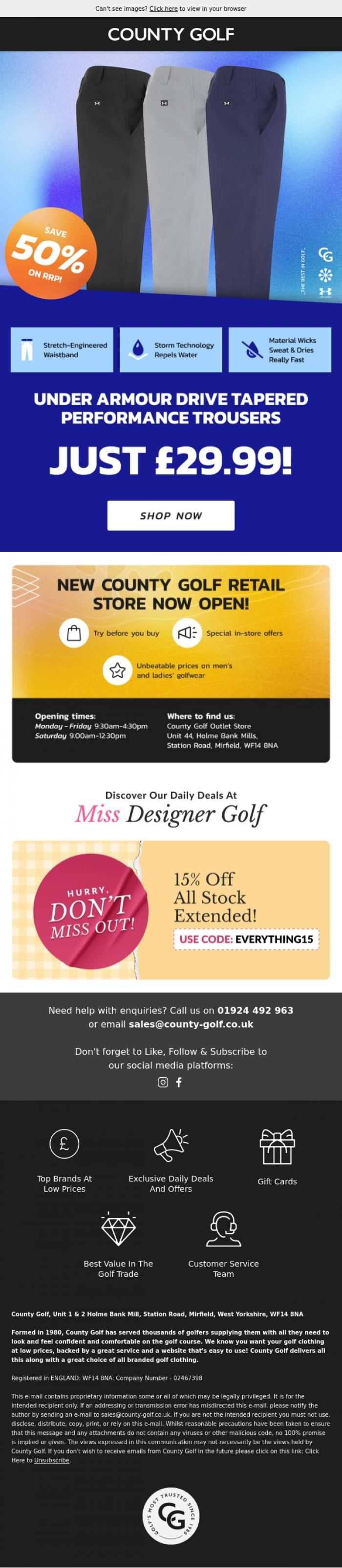 Email Design Inspiration from County Golf, Under Armour Drive Tapered Performance Trousers Just &pound;29.99!