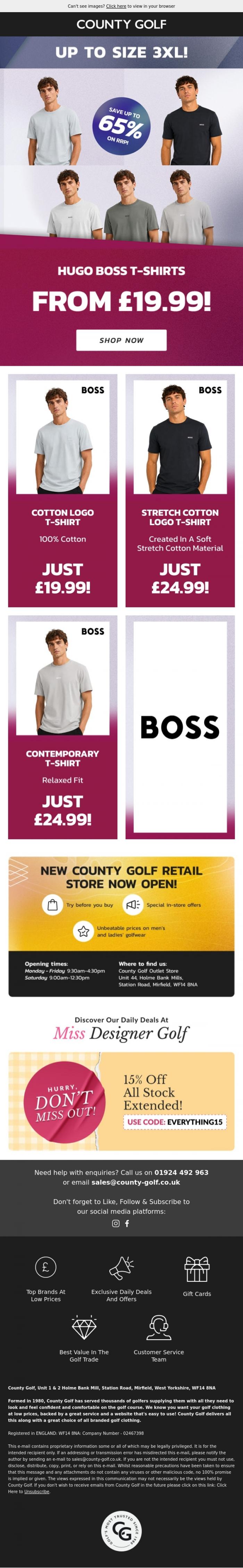 Email Design Inspiration from County Golf, Hugo Boss T-Shirts From &pound;19.99! Up To Size 3XL!