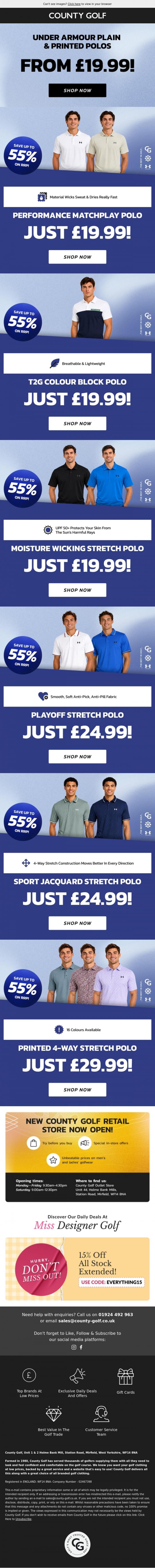 Email Design Inspiration from County Golf, Under Armour Plain & Printed Polos From &pound;19.99!