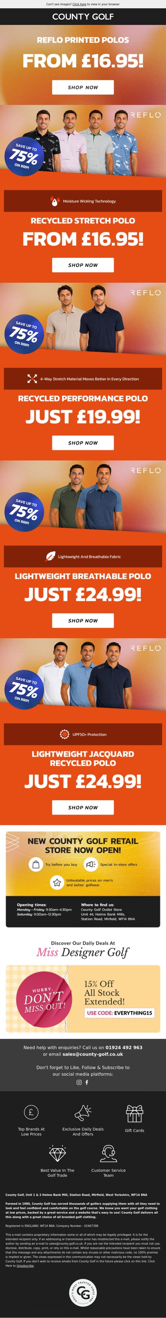 Email Design Inspiration from County Golf, Reflo Printed Polos From &pound;16.95! Save Up To 75% On RRP!