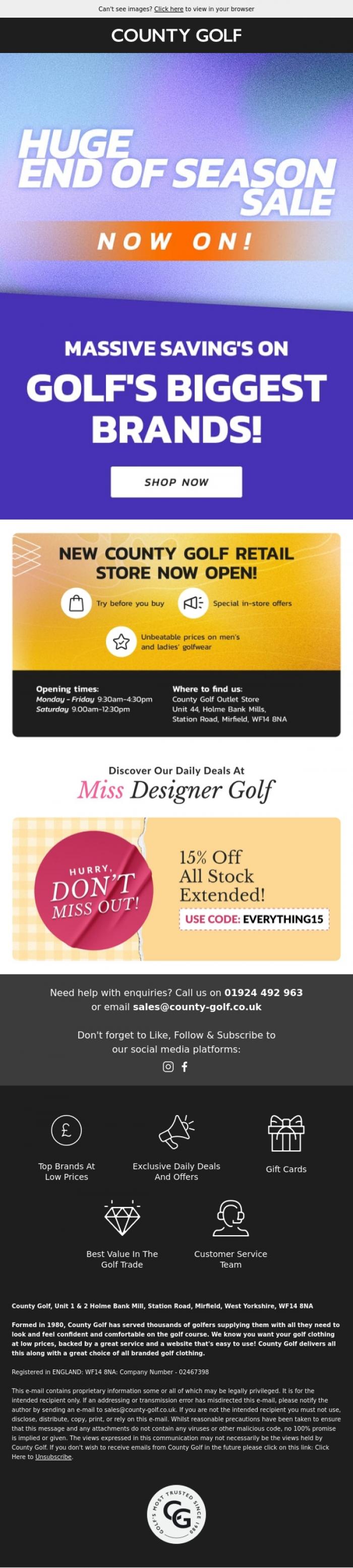 Email Design Inspiration from County Golf, Huge End Of Season Sale Now On! Massive Saving's On Golf's Biggest Brands!