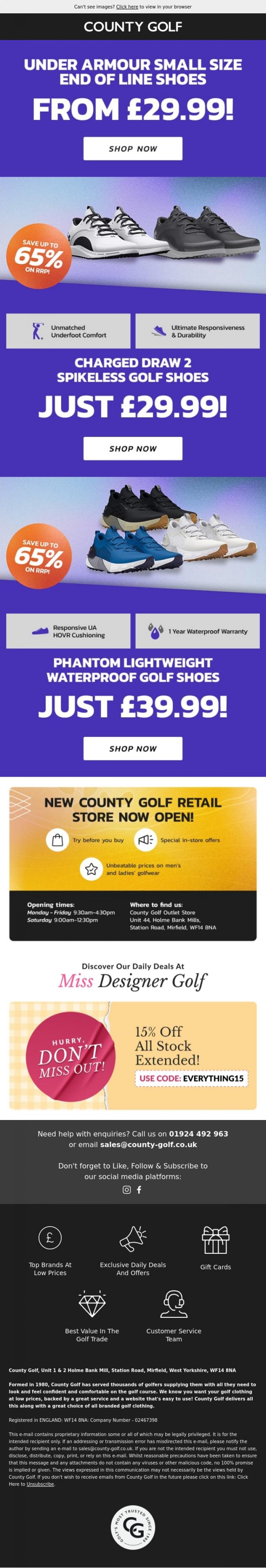Email Design Inspiration from County Golf, Under Armour Small Size End Of Line Shoes From &pound;29.99! Huge End Of Season Sale Now On!