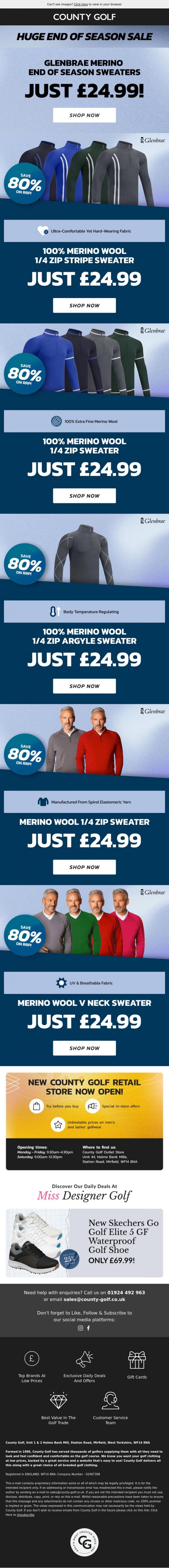 Email Design Inspiration from County Golf, Glenbrae Merino End Of Season Sweaters Just &pound;24.99! Huge End Of Season Sale Now On!