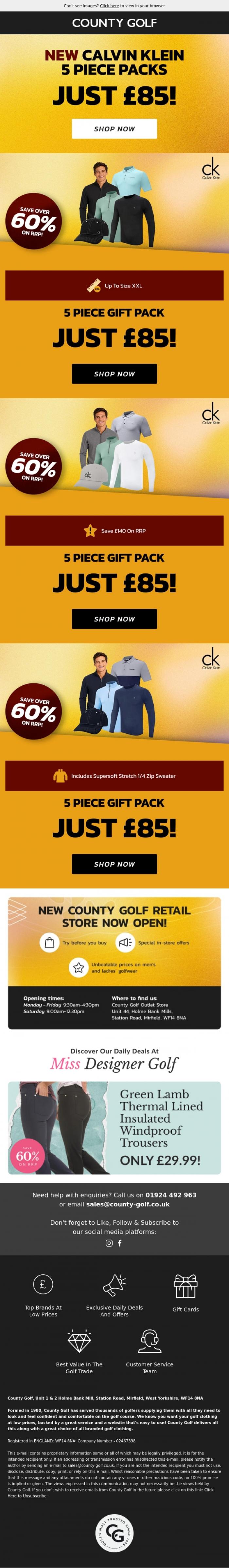 Email Design Inspiration from County Golf, New Calvin Klein 5 Piece Packs Just &pound;85! Save Over 60% On RRP!