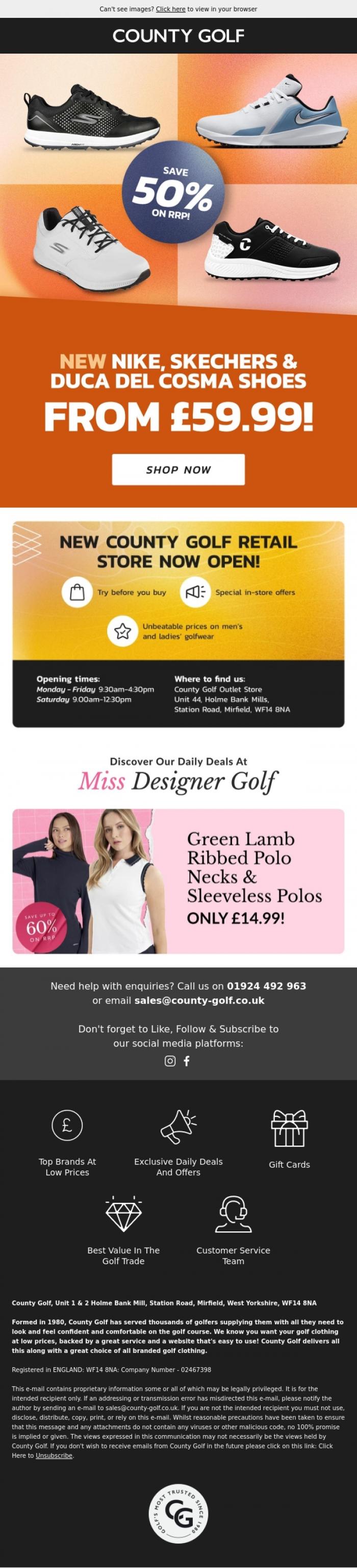 Email Design Inspiration from County Golf, New Nike, Skechers & Duca Del Cosma Shoes From &pound;59.99! Save 50% On RRP!