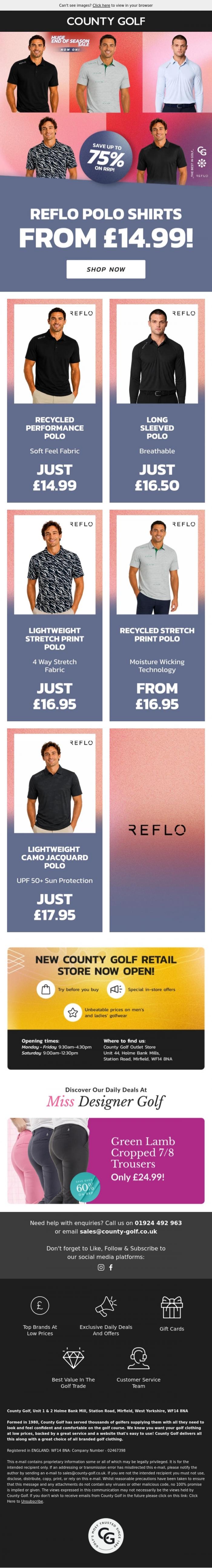 Email Design Inspiration from County Golf, Reflo Polo Shirts From &pound;14.99! Huge End Of Season Sale Now On!