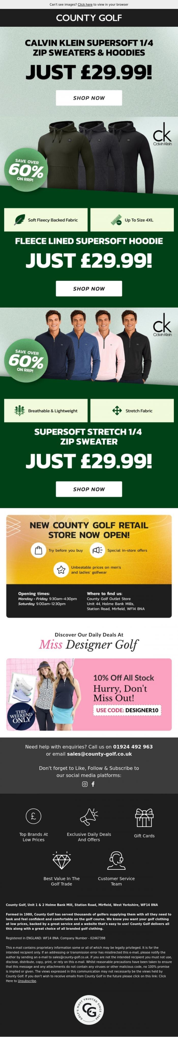 Email Design Inspiration from County Golf, Calvin Klein Supersoft 1/4 Zip Sweaters & Hoodies Just &pound;29.99!