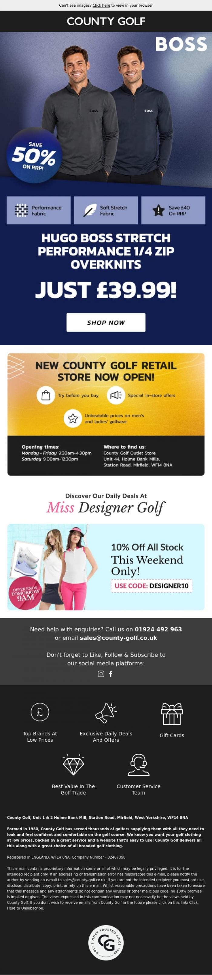 Email Design Inspiration from County Golf, Hugo Boss Stretch Performance 1/4 Zip Overknits Just &pound;39.99! Save 50% On RRP!