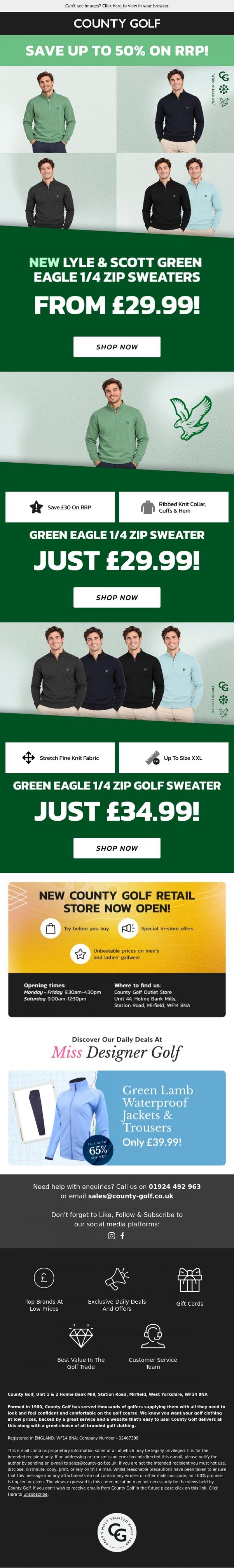 Email Design Inspiration from County Golf, New Lyle & Scott Green Eagle 1/4 Zip Sweaters From &pound;29.99!