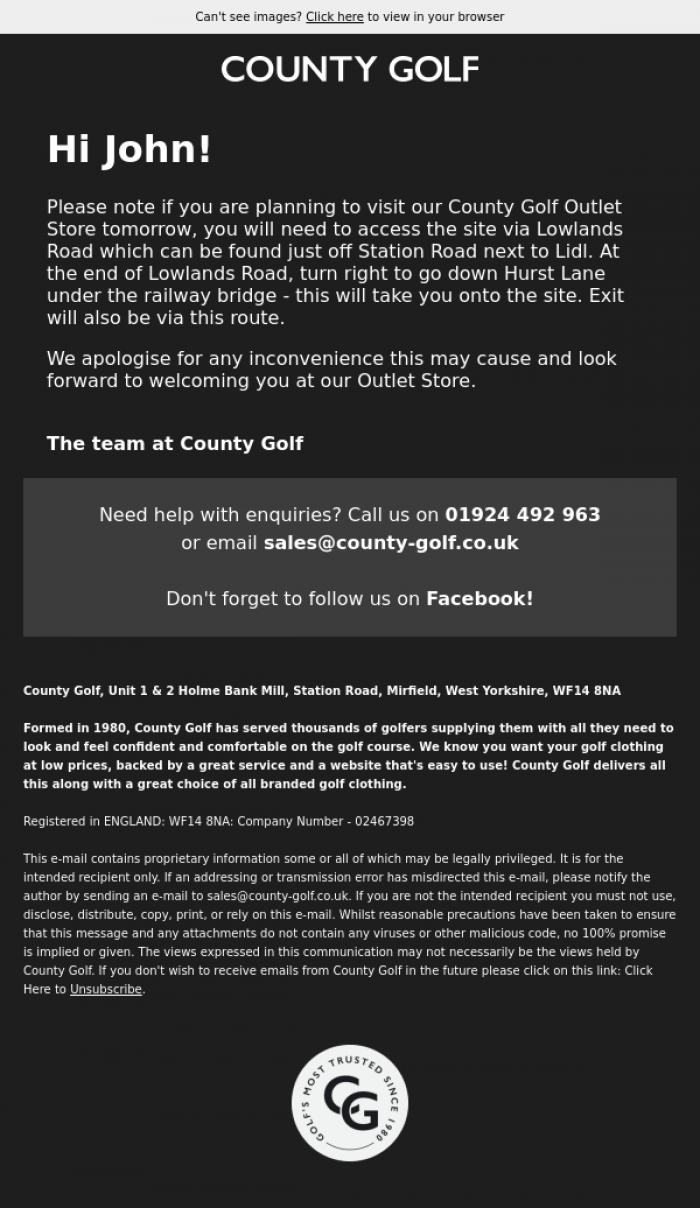 Email Design Inspiration from County Golf, County Golf Outlet Store - Alternative Travel Route
