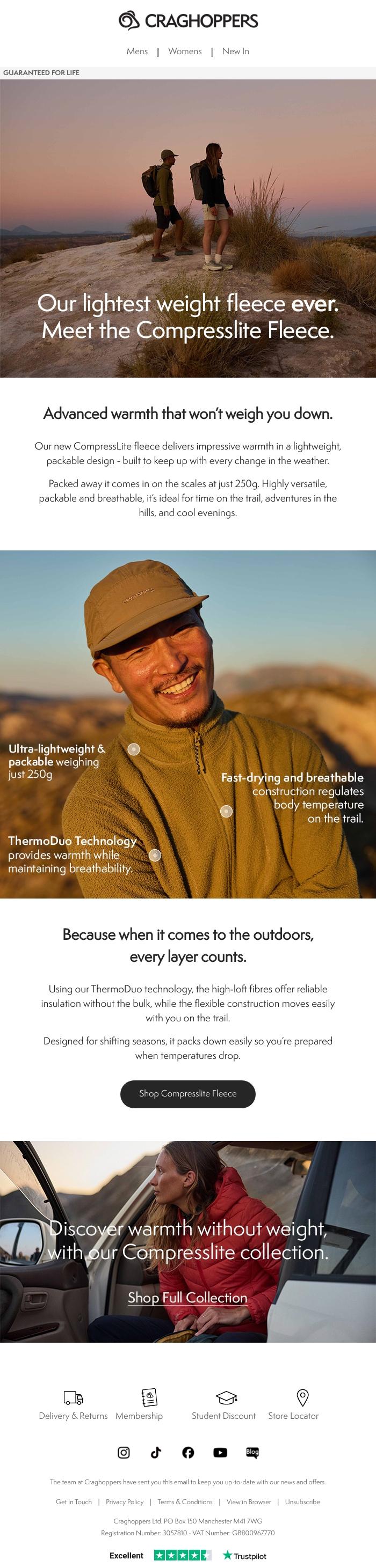 Email Design Inspiration from Craghoppers, Our lightest weight fleece ever.
