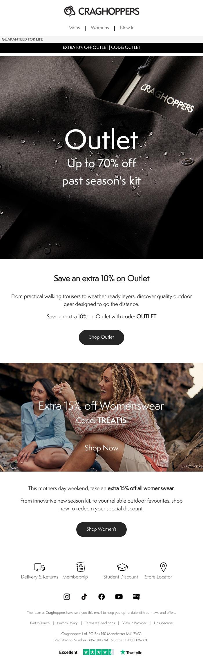 Email Design Inspiration from Craghoppers, Save extra on past seasons kit