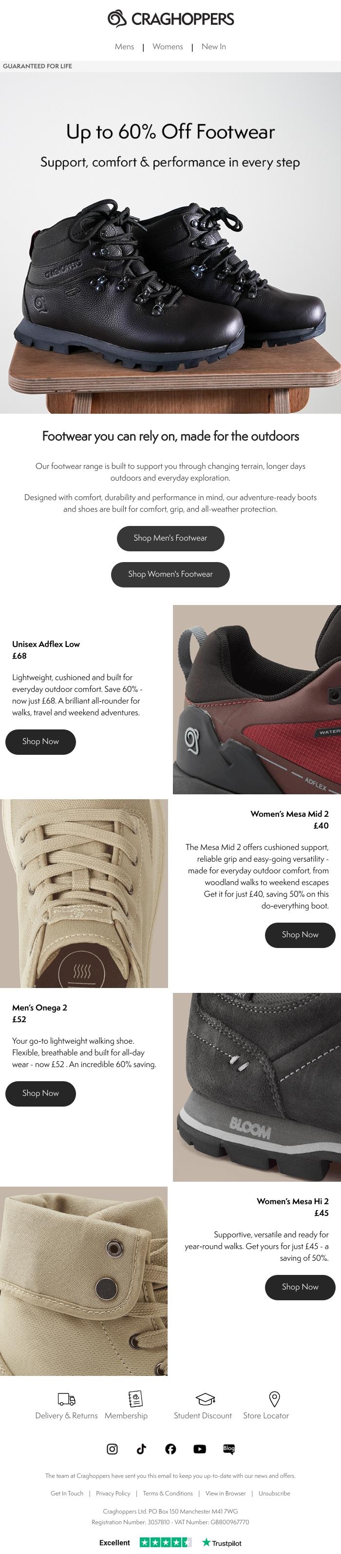 Email Design Inspiration from Craghoppers, Limited time: Up to 60% off Footwear